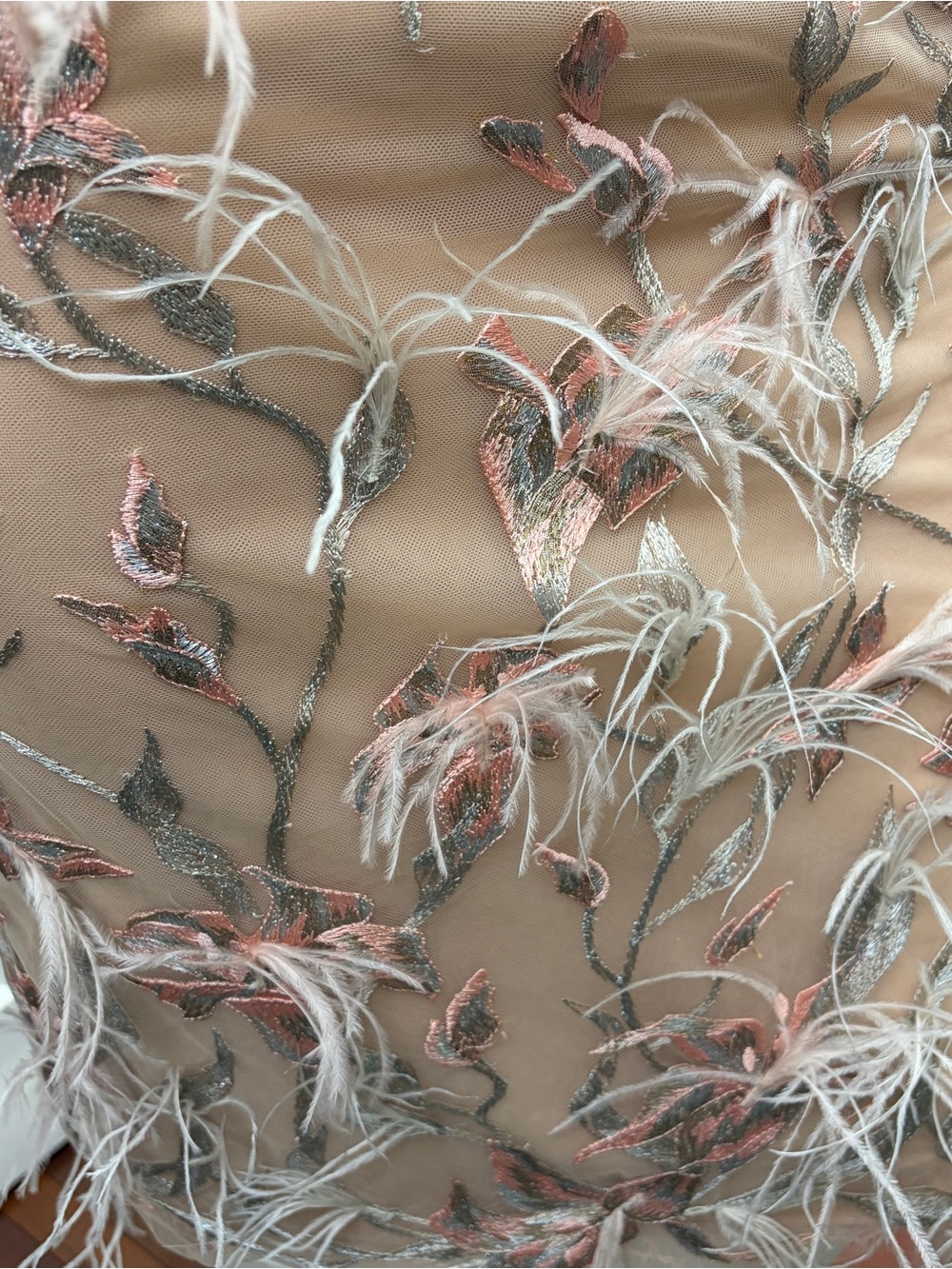 Marchesa Notte Feather-Trim Embroidered Midi Dress in Blush - Size 16 NWT - Picture 4 of 11